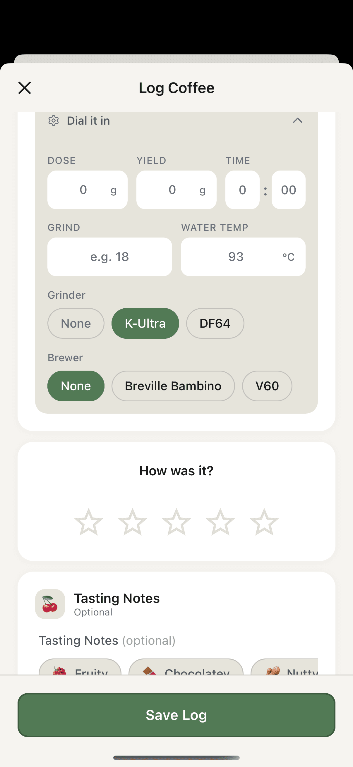 Beane app coffee log details