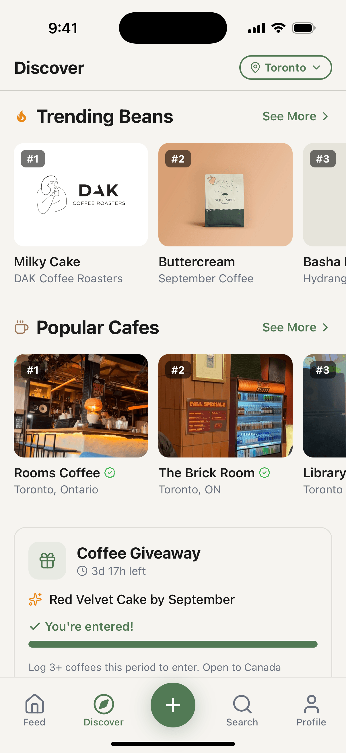 Beane app discover page with trending beans and cafes