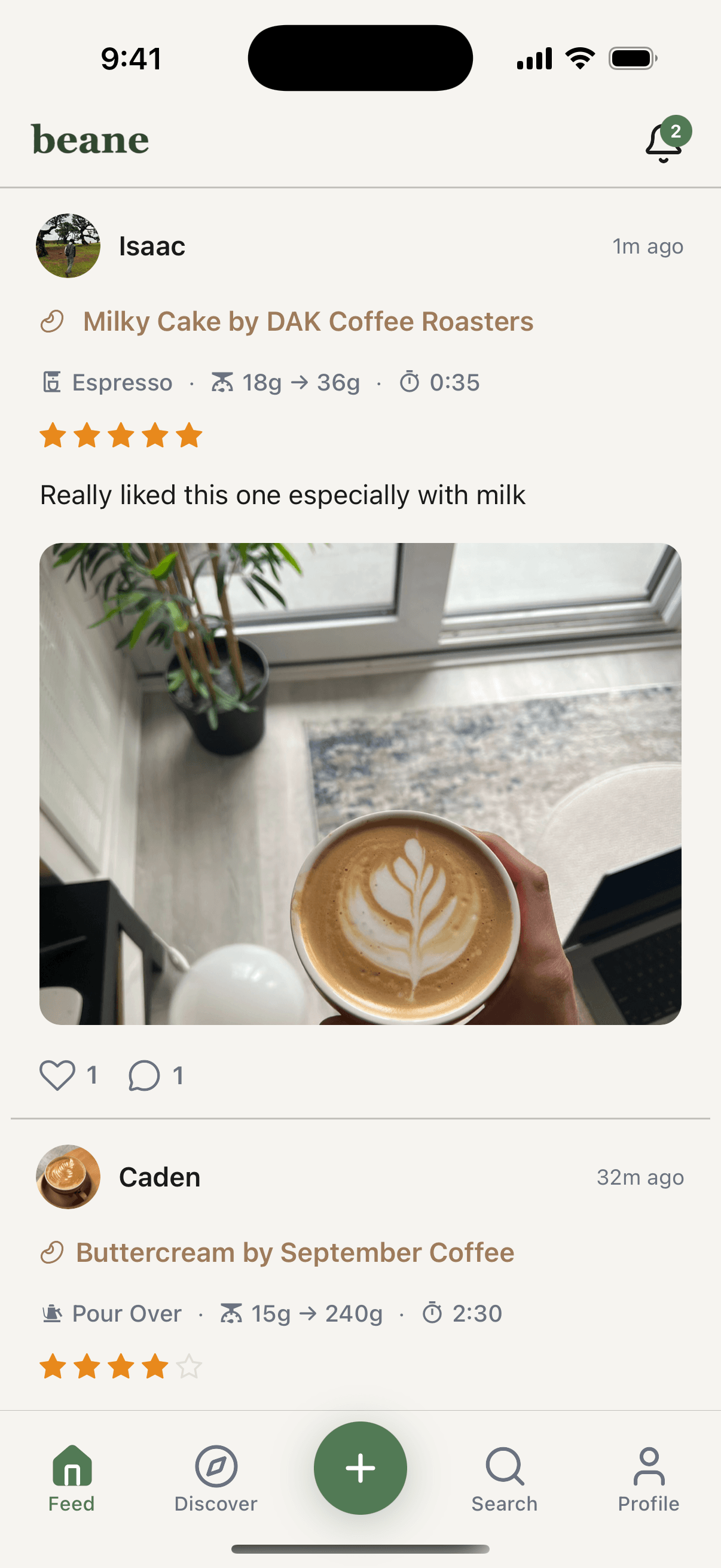 Beane app feed showing coffee logs from friends