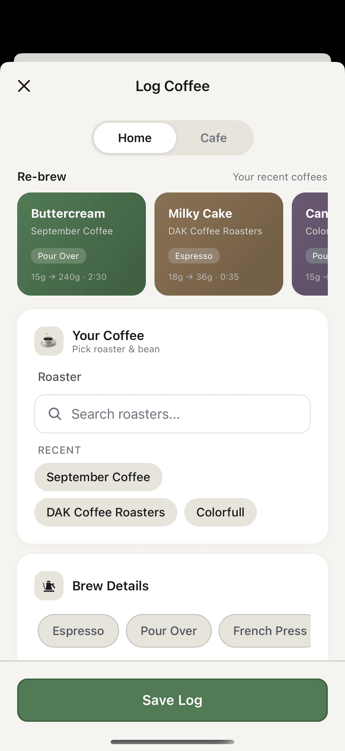 Beane app coffee logging screen